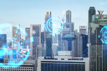 Abstract technology icons hologram over panorama city view of Singapore, Asia. The concept of people networking and connections. Double exposure.