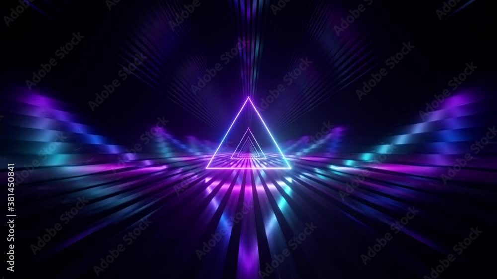 Poster sci-fi tunnel with neon triangles. an endless flight forward. modern neon lighting. seamless loop 3d