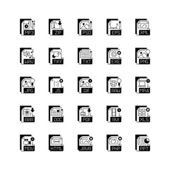 File extensions black linear icons set. Different types. Text, audio, video, compression, executable files. Storing and transport data. Glyph contour symbols. Vector isolated outline illustrations