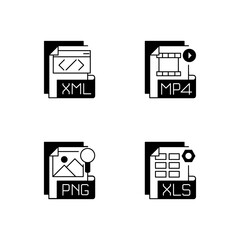 File types black linear icons set. XML. MP4. PNG. XLS. Spreadsheet, data, video, raster image files. Extensible markup language. Glyph contour symbols. Vector isolated outline illustrations