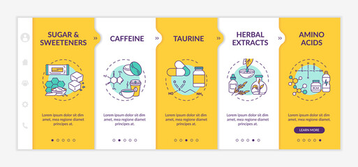 Energy drinks components onboarding vector template. Sugar, taurine, amino acids, herbal extracts. Responsive mobile website with icons. Webpage walkthrough step screens. RGB color concept