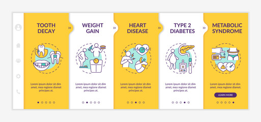 Fototapeta premium Consuming energy beverages risks onboarding vector template. Weight gain. Heart disease. Metabolic syndrome. Responsive mobile website with icons. Webpage walkthrough step screens. RGB color concept