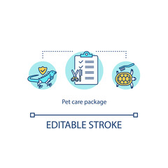 Pet care package concept icon. Cleaning, bathing, trimming, brushing. Grooming services types idea thin line illustration. Vector isolated outline RGB color drawing. Editable stroke
