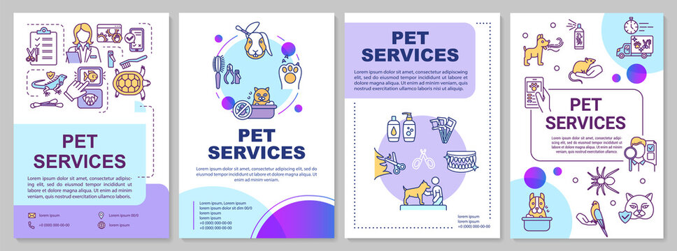 Pet service brochure template. Pet care package. Veterinary inspection. Flyer, booklet, leaflet print, cover design with linear icons. Vector layouts for magazines, annual reports, advertising posters