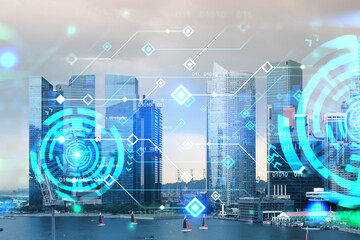Glowing hologram of technological process, aerial panoramic cityscape of Singapore at sunset. The largest innovative hub of tech services in Asia. Multi exposure.