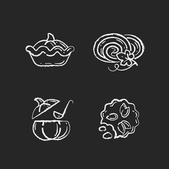 Autumn dishes recipes chalk white icons set on black background. Tasty pumpkin pie, homemade soup, delicious cookies and roll. Vegetarian food and desserts. Isolated vector chalkboard illustrations