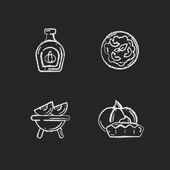 Homemade food chalk white icons set on black background. Roasted gourd, pumpkin risotto, tasty tartlet and syrup. Rustic cooking, traditional autumn dishes. Isolated vector chalkboard illustrations