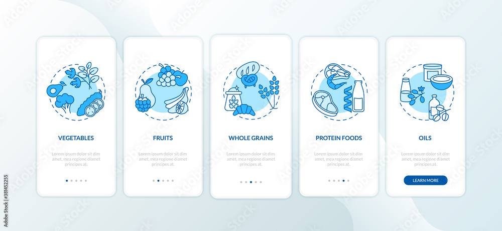 Poster vegetarian diet components onboarding mobile app page screen with concepts. healthy cooking ingredie