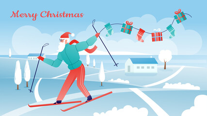 Merry Christmas vector illustration. Cartoon flat active Santa Claus character in sport wear tracksuit skiing in snowy winter landscape, holding Christmas presents and Xmas socks with gifts background