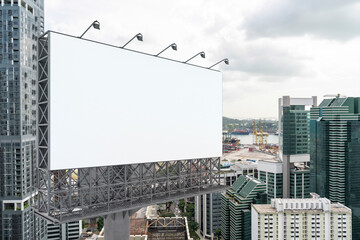 Blank white road billboard with Singapore cityscape background at day time. Street advertising poster, mock up, 3D rendering. Side view. The concept of marketing communication or sell idea.