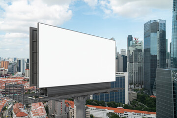 Blank white road billboard with Singapore cityscape background at day time. Street advertising poster, mock up, 3D rendering. Side view. The concept of marketing communication or sell idea.