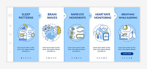 Medical screening onboarding vector template. Sleep pattern. Heart rate monitoring. REM dreaming phase. Responsive mobile website with icons. Webpage walkthrough step screens. RGB color concept