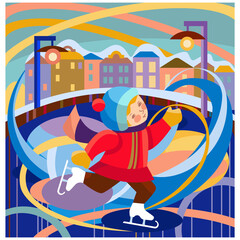 A little girl is skating on a skating rink. Bright multicolored vector illustration in flat style.