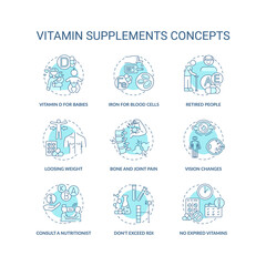 Vitamin supplements concept icons set. Benefits, consumption tips idea thin line RGB color illustrations. Retired people. Weight lose. Vision changes. Vector isolated outline drawings. Editable stroke