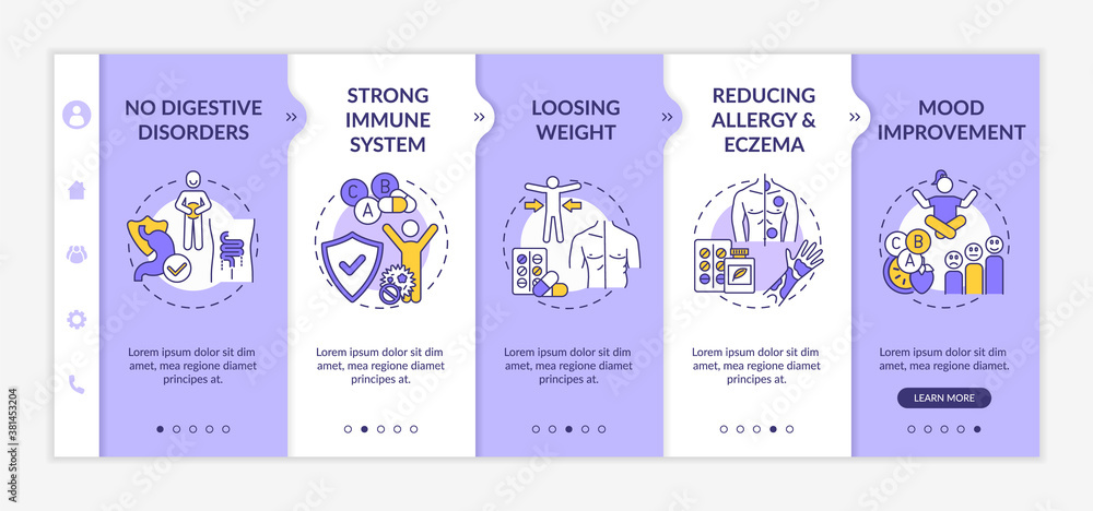Aufkleber probiotics usefulness onboarding vector template. no digestive disorders, reducing allergy and eczem