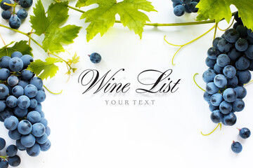 wine list background; sweet black grapes and red wine bottle