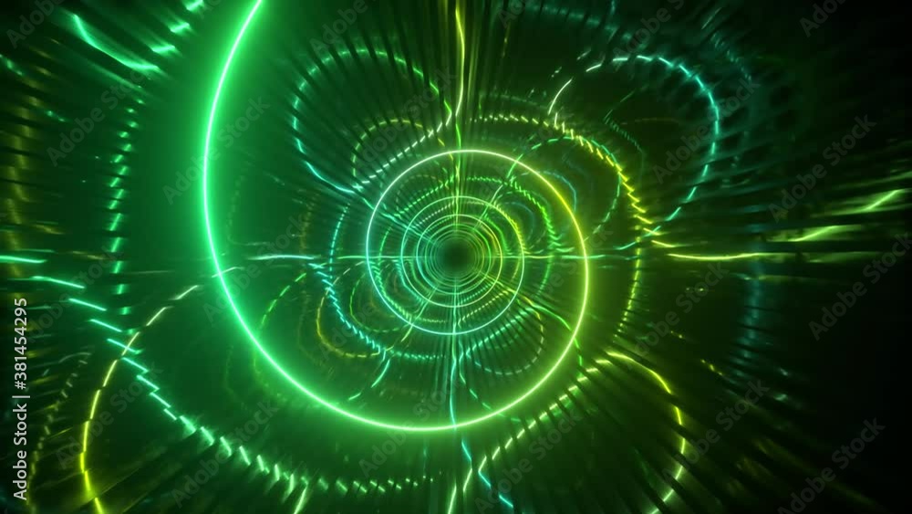 Poster gradient neon spiral metal tunnel background. endless flight forward. modern neon lighting. seamless