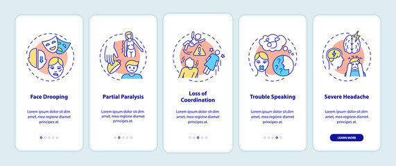 Brain stroke onboarding mobile app page screen with concepts. Neurology problem. Brain health care walkthrough 5 steps graphic instructions. UI vector template with RGB color illustrations