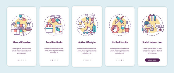 Brain health care onboarding mobile app page screen with concepts. Active lifestyle. Healthy living walkthrough 5 steps graphic instructions. UI vector template with RGB color illustrations