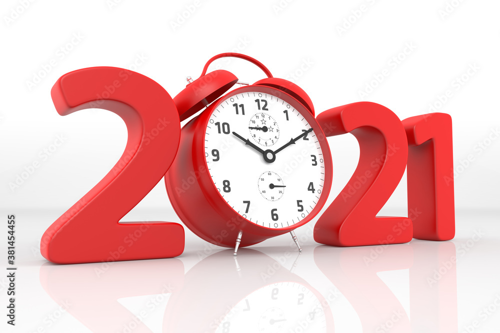 Aufkleber new year 2021 and red alarm clock. 3d rendering