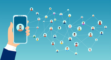 Vector of a woman hand holding smartphone connected to a large group of people
