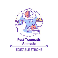 Post traumatic amnesia concept icon. Head injury after accident. Patient with memory loss. Brain health idea thin line illustration. Vector isolated outline RGB color drawing. Editable stroke