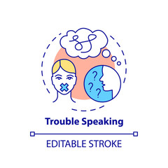 Trouble speaking concept icon. Difficulty talking. Confusion after head trauma. Neurological issue. Brain health idea thin line illustration. Vector isolated outline RGB color drawing. Editable stroke