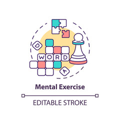Mental exercise concept icon. Puzzle to stimulate thinking. Word riddle to solve. Brain health idea thin line illustration. Vector isolated outline RGB color drawing. Editable stroke