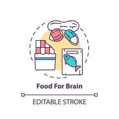 Food for brain concept icon. Dark chocolate. Oily fish. Healthy eating. Nutritious nuts. Brain health idea thin line illustration. Vector isolated outline RGB color drawing. Editable stroke
