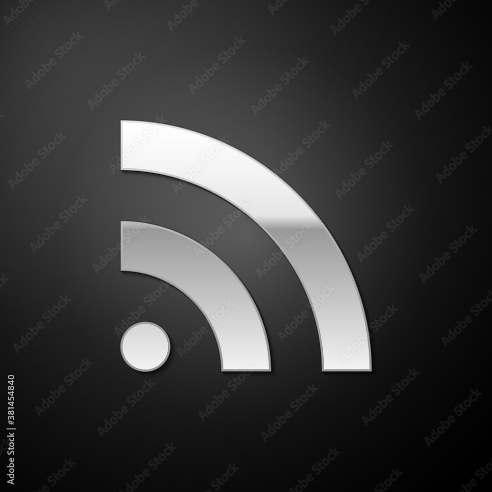 Poster silver rss icon isolated on black background. radio signal. rss feed symbol. long shadow style. vect