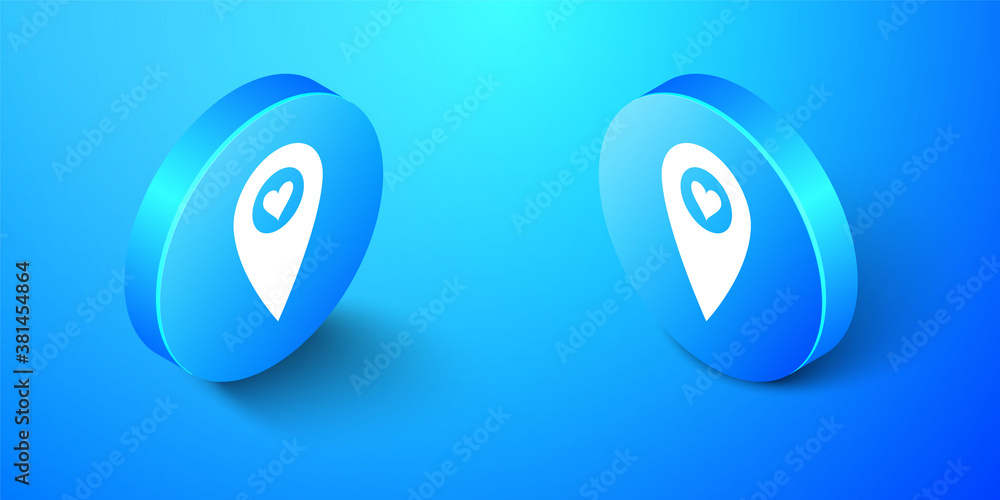 Poster isometric map pointer with heart icon isolated on blue background. valentines day. love location. ro