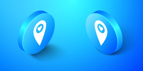 Obraz premium Isometric Map pointer with heart icon isolated on blue background. Valentines day. Love location. Romantic map pin. Blue circle button. Vector.