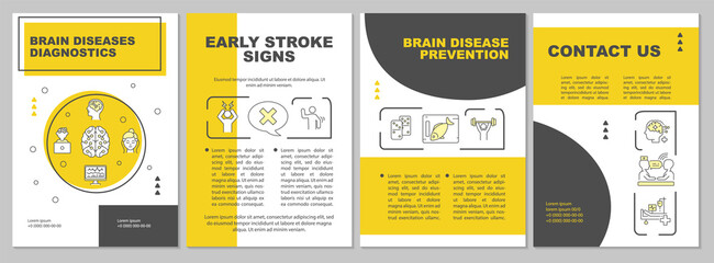 Brain diseases diagnostics brochure template. Neurologist services flyer, booklet, leaflet print, cover design with linear icons. Vector layouts for magazines, annual reports, advertising posters