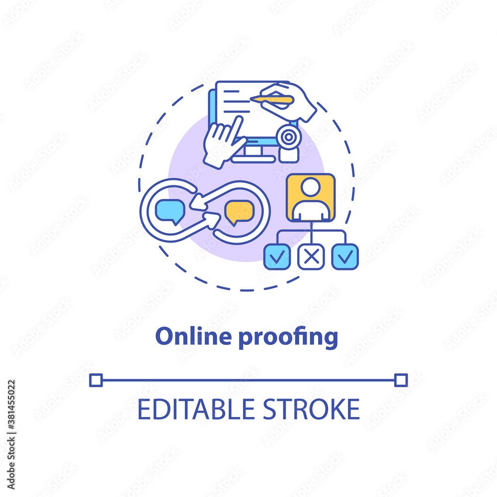 Poster online proofing concept icon. app feature idea thin line illustration. files reviewing and approving