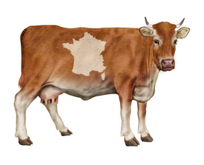 vache laitière, drapeau, France, ferme, animal, bétail, blanc, gazon, agriculture, brun, mollet, champ, roux, exploitation laitière, lait, mammifère, bétail, boeuf, isolé, alpage, taureau, prairie, de
