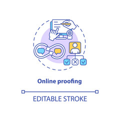 Online proofing concept icon. App feature idea thin line illustration. Files reviewing and approving. Real-time team collaboration. Vector isolated outline RGB color drawing. Editable stroke