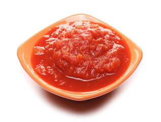 Chopped tomatoes and sauce in bowl isolated on white background