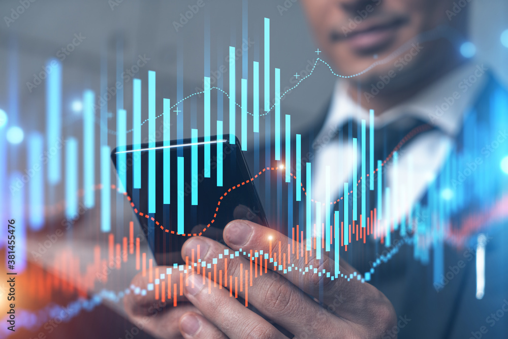 Poster trader in office working with smartphone, forex graph hologram to analyze market behavior, typing ph