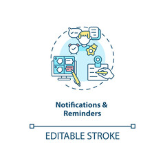 Notifications and reminders concept icon. Software structure idea thin line illustration. Time tracking. Schedule tasks. Data, frequency. Vector isolated outline RGB color drawing. Editable stroke