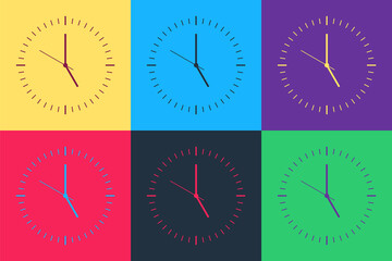 Pop art Clock icon isolated on color background. Time icon. Vector.