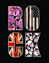 Vector illustration of the word Rock with letters with backgrounds with motifs of flags, floral and skulls.