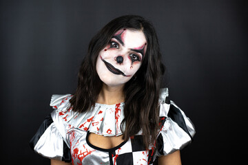 woman in a halloween clown costume over isolated black background doing crazy faces
