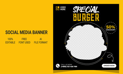 Naklejka premium Modern abstract creative special american delicious burger restaurant promotional social media banner post template design layout with graphic elements. Instagram post banner. Vector template.