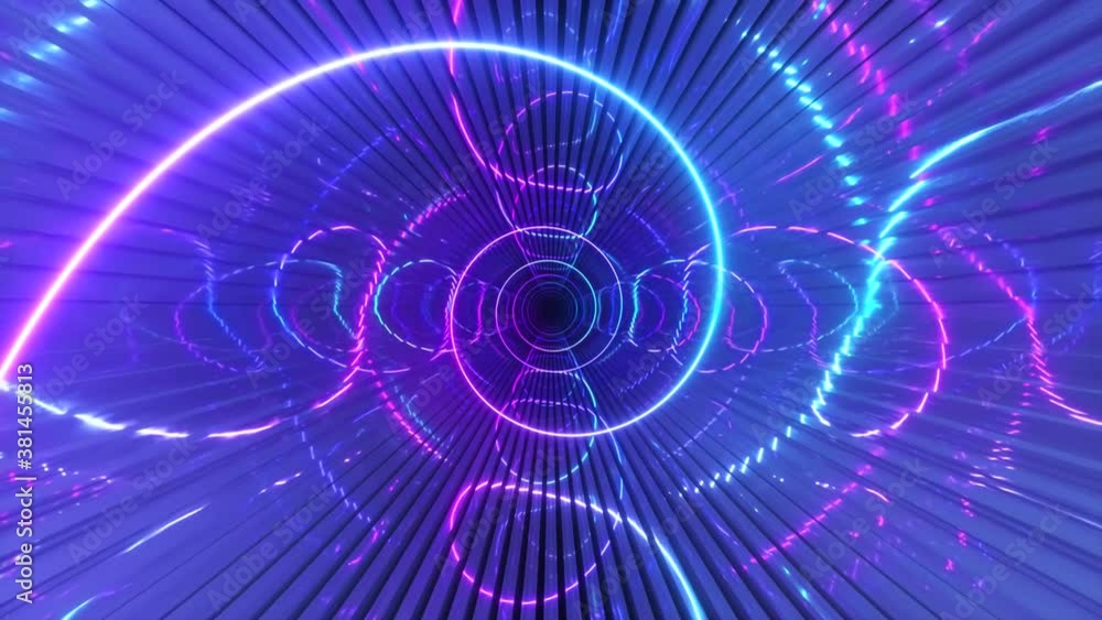 Poster gradient neon spiral tunnel background. endless flight forward. modern neon lighting. seamless loop 