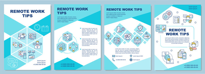 Fototapeta na wymiar Remote work tips brochure template. Team productivity. Flyer, booklet, leaflet print, cover design with linear icons. Vector layouts for magazines, annual reports, advertising posters