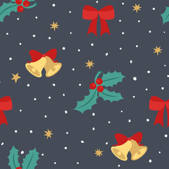 Fototapeta premium Christmas seamless pattern with bows, mistletoe, stars, dots and bells. Vector background.