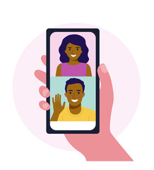 Hand holding smartphone. Face of afro american man and woman on screen. Vector flat cartoon  style illustration