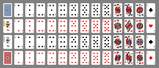 Poker set with isolated cards on grey background. Poker playing cards, full deck. New design of playing cards.