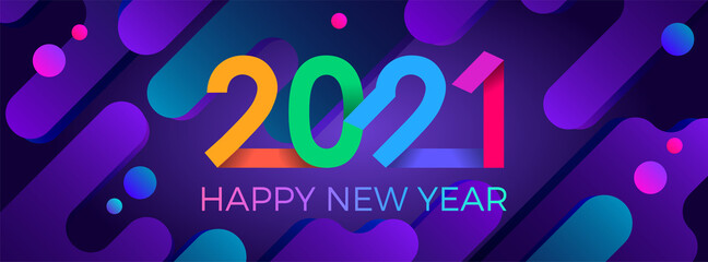 2021 Happy New Year. Paper Memphis geometric bright style for holidays flyers, greetings, invitations, Happy New Year or Merry Christmas cards. Holiday background, poster, banner. Vector Illustration.