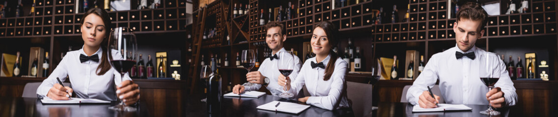 Collage of young sommeliers writing on notebooks during degustation of wine
